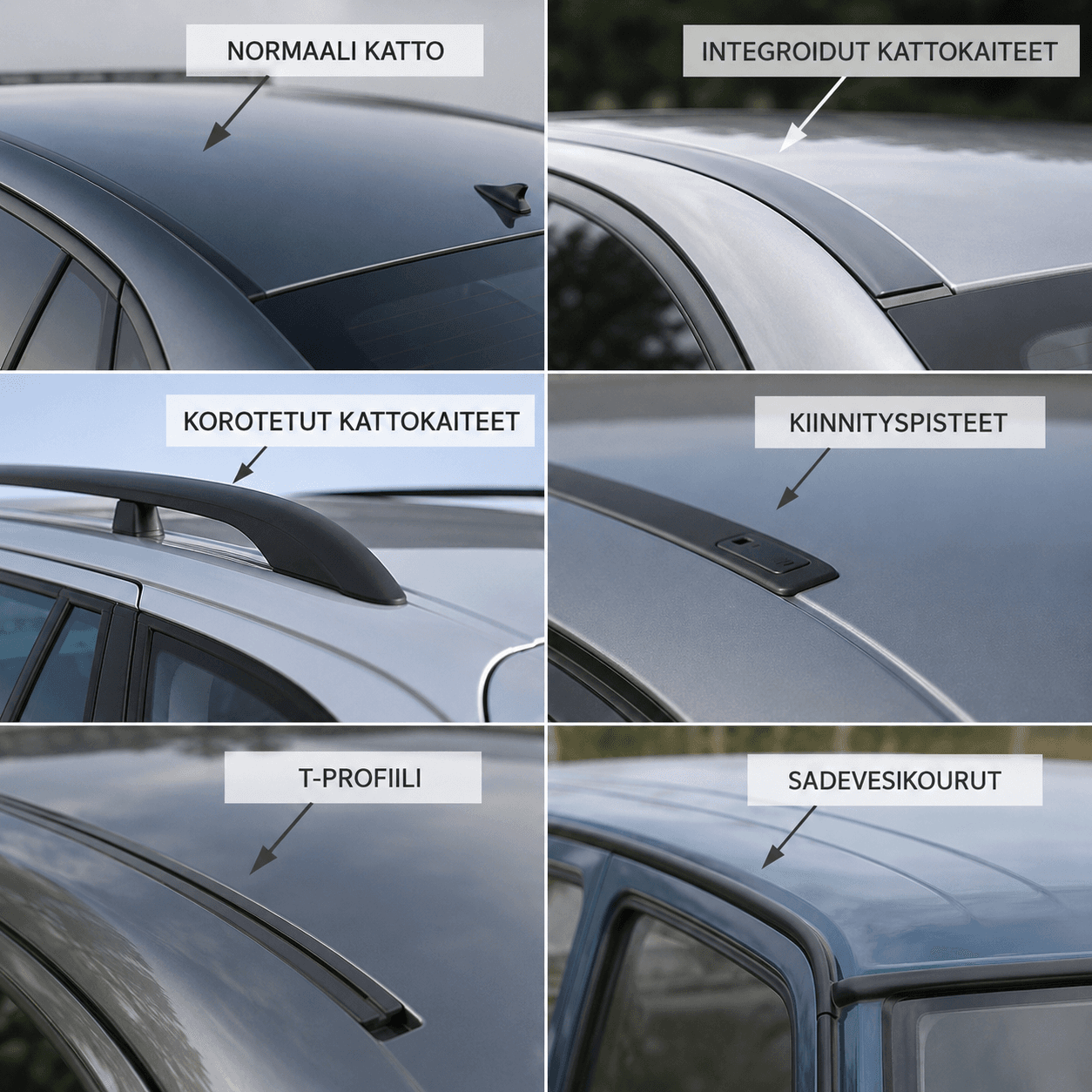 Kuusi auton kattotyyppiä: normaali katto, integroidut kattokaiteet, korotetut kattokaiteet, kiinnityspisteet, T-profiili ja sadevesikourut